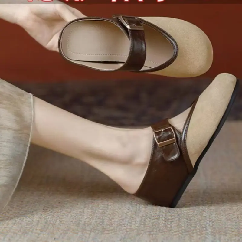 Round Head Inner Elevation Flat Slippers Women's Bao Head Matching Color Metal Buckle Soft Soled Non-slip Sandals