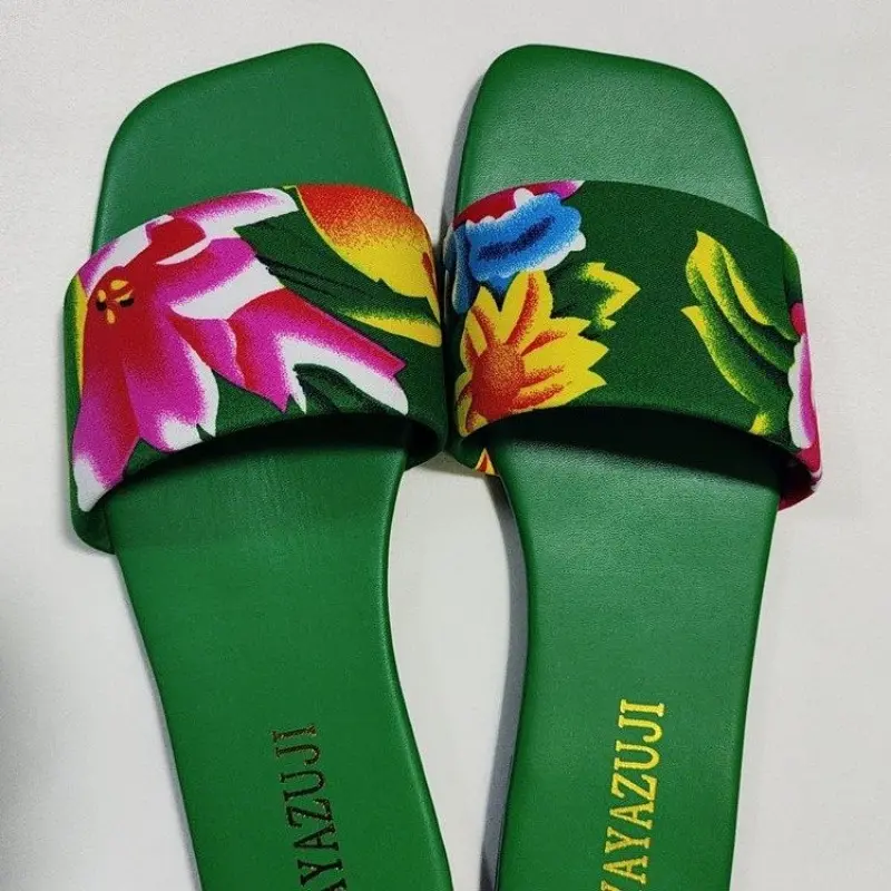 Summer New Flat Sandals Women's Fashion Square Head Open Toe Print Soft Sole Non-slip Wear-resistant Comfortable Slippers