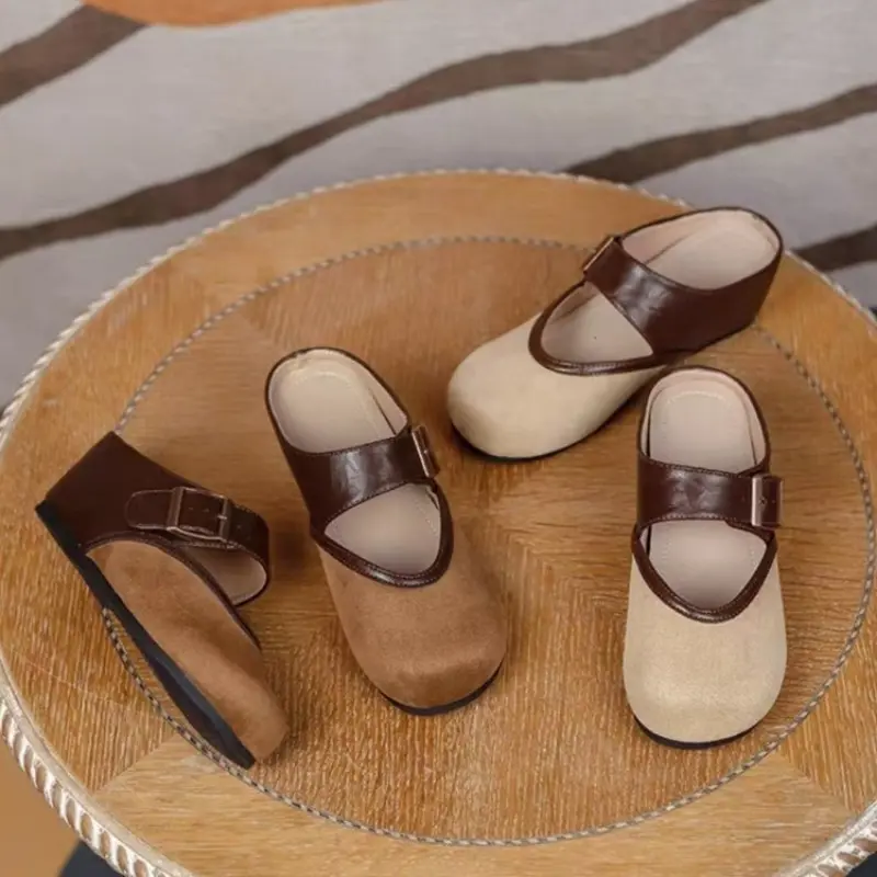 Round Head Inner Elevation Flat Slippers Women's Bao Head Matching Color Metal Buckle Soft Soled Non-slip Sandals
