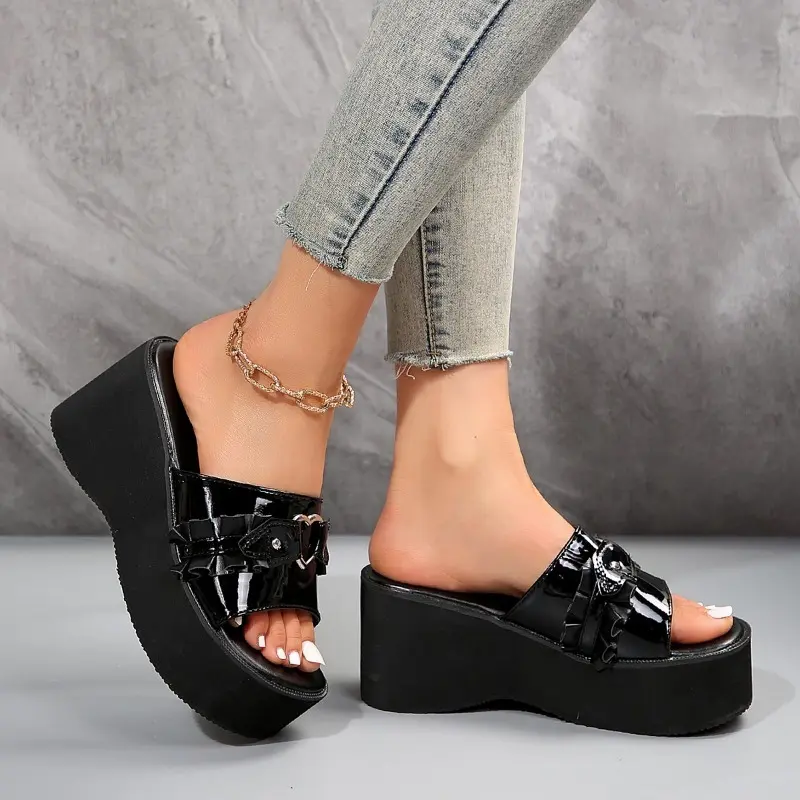Summer new slope heel sandals women's fashion round head open toe metal buckle a slip-on waterproof platform high heels