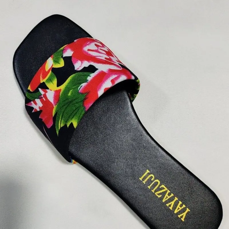 Summer New Flat Sandals Women's Fashion Square Head Open Toe Print Soft Sole Non-slip Wear-resistant Comfortable Slippers