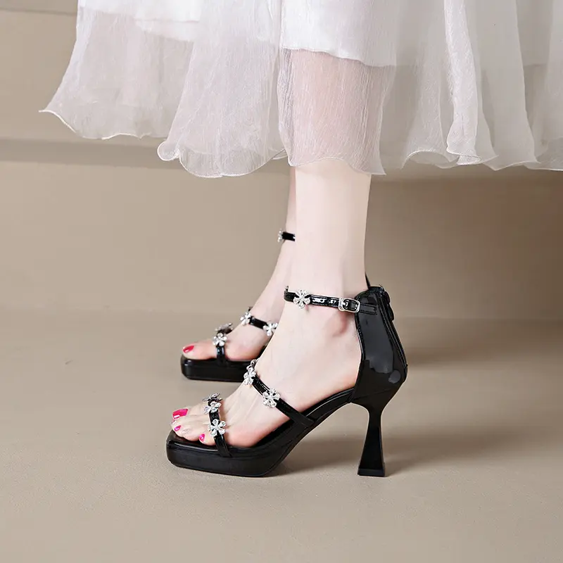 Women's Platform Heels Summer New Square Toe Rhinestone Slip Strap Open Toe Non-Slip Wear-Resistant Sandals