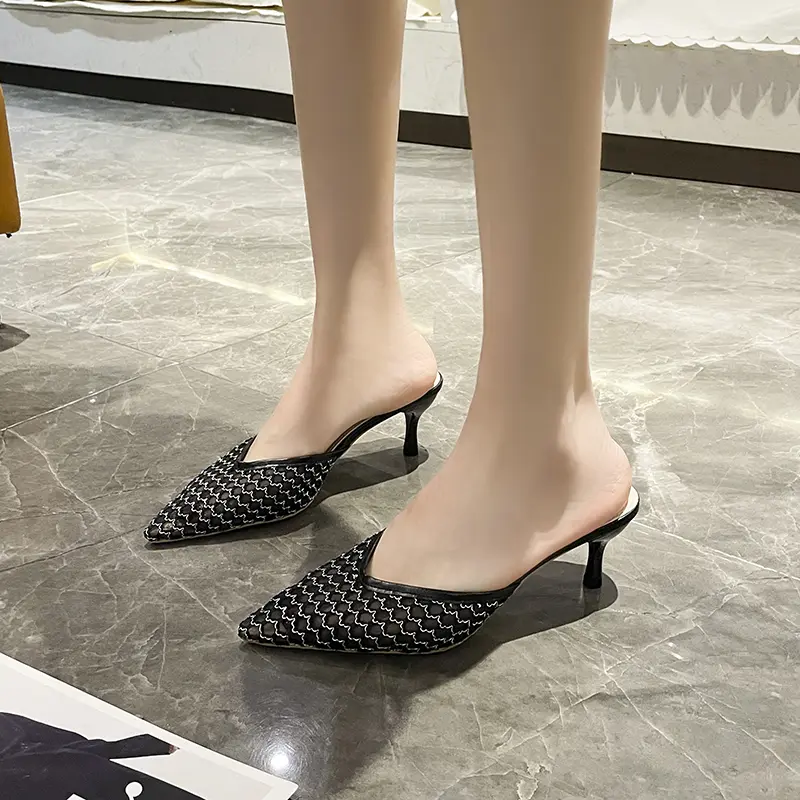 Baotou Slippers Women's Fashion Pointed Toe Shallow Mesh Breathable Cover Foot Anti-slip Wear-resistant High Heels