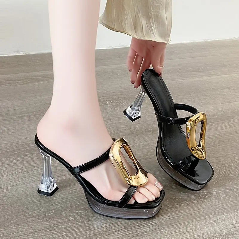 High-heeled Sandals Women's Fashion Square Head Open Toe Metal Buckle Hollow Waterproof Table Non-slip Slippers