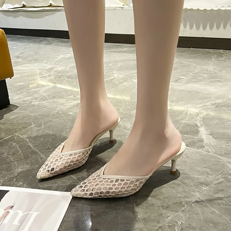 Baotou Slippers Women's Fashion Pointed Toe Shallow Mesh Breathable Cover Foot Anti-slip Wear-resistant High Heels