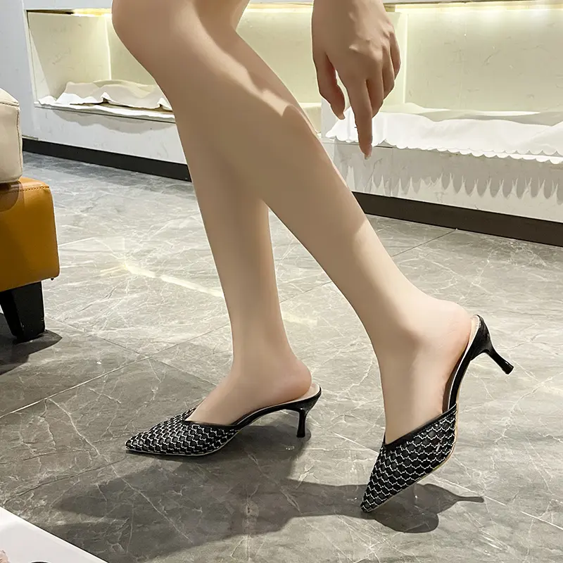 Baotou Slippers Women's Fashion Pointed Toe Shallow Mesh Breathable Cover Foot Anti-slip Wear-resistant High Heels