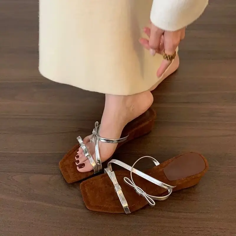 Summer New Wedge Sandals Women's Square Toe Open Toe Bow Thin Strap Anti-slip Wear-resistant Kitten Heels