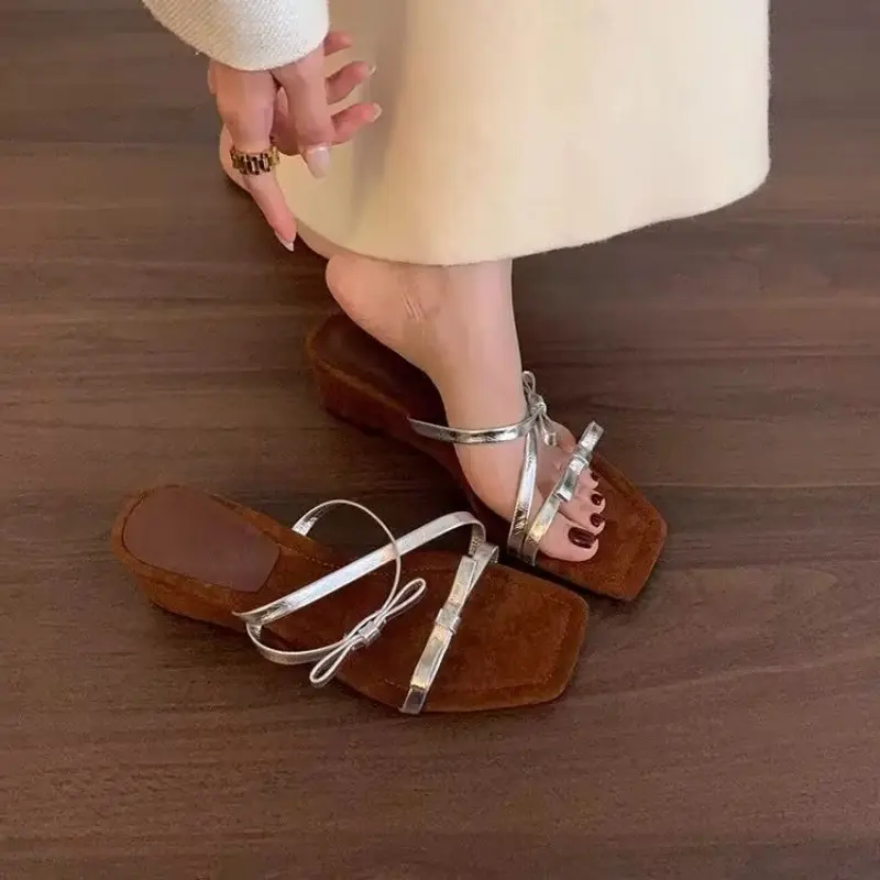 Summer New Wedge Sandals Women's Square Toe Open Toe Bow Thin Strap Anti-slip Wear-resistant Kitten Heels