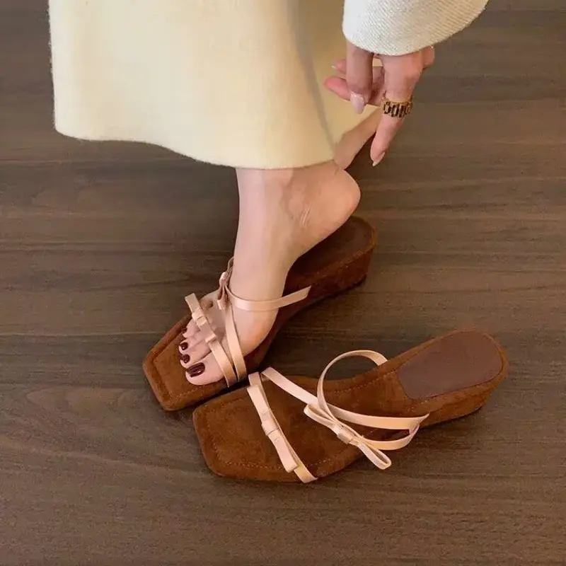 Summer New Wedge Sandals Women's Square Toe Open Toe Bow Thin Strap Anti-slip Wear-resistant Kitten Heels
