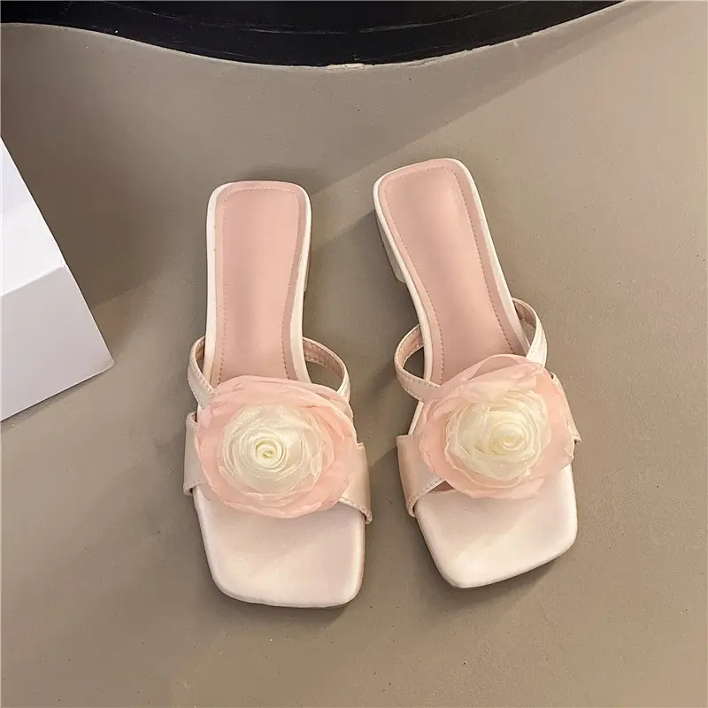 Block Heel Women's Slippers Wear New Summer Square Toe Flower Thin Strap Versatile Temperament Non-slip Sandals