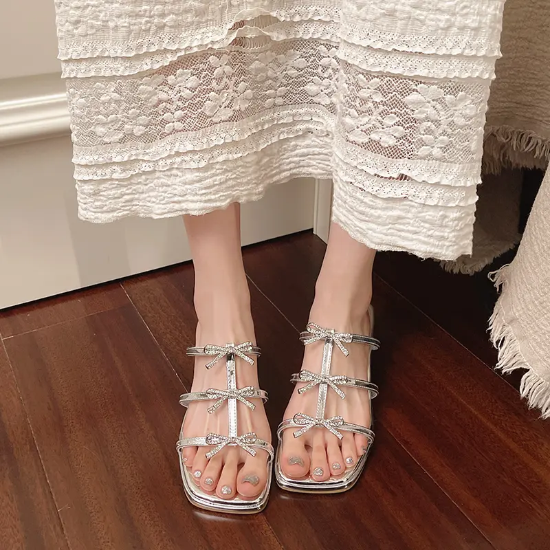 Summer Chunky Slippers Women's Fashion Square Head Open Toe Crystal Butterfly Knot Anti-slip Wear-resistant High Heels