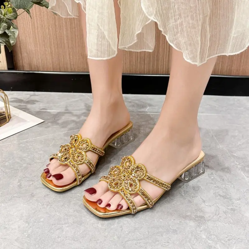 Women's Fashion Square Head Open Toe Crystal Flower Fine Strap Anti-slip Wear-resistant Sandals with Mid-heel Slippers