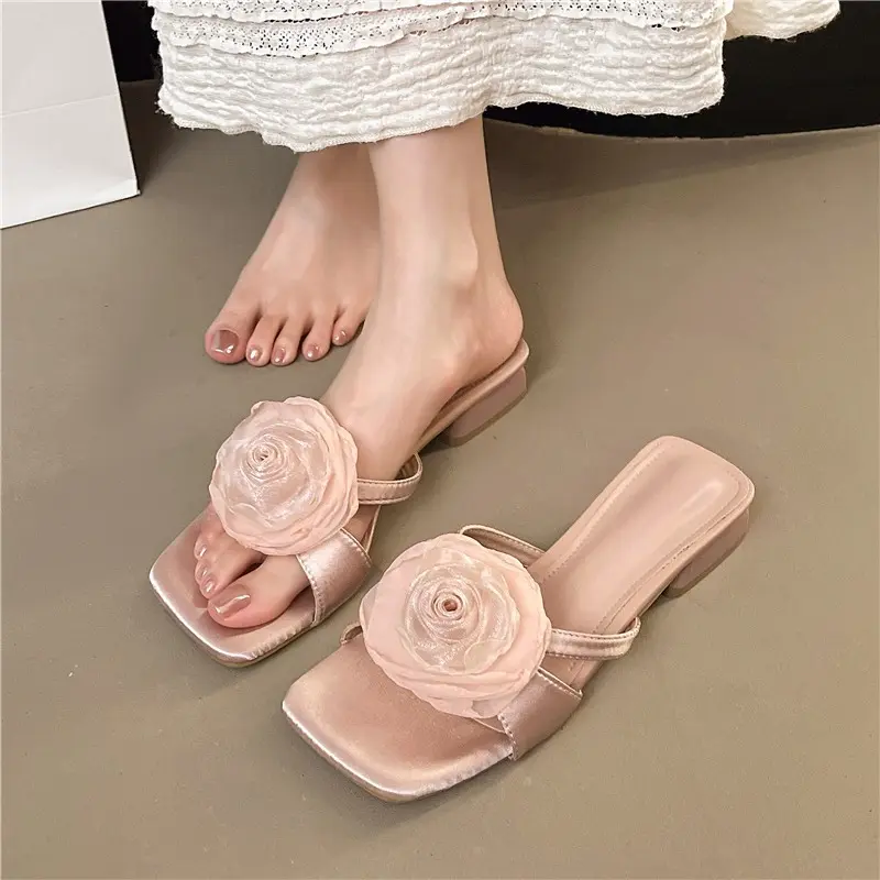 Block Heel Women's Slippers Wear New Summer Square Toe Flower Thin Strap Versatile Temperament Non-slip Sandals