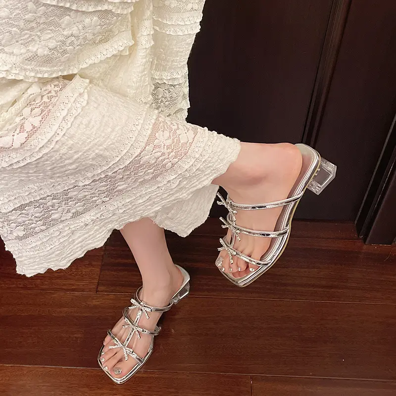 Summer Chunky Slippers Women's Fashion Square Head Open Toe Crystal Butterfly Knot Anti-slip Wear-resistant High Heels