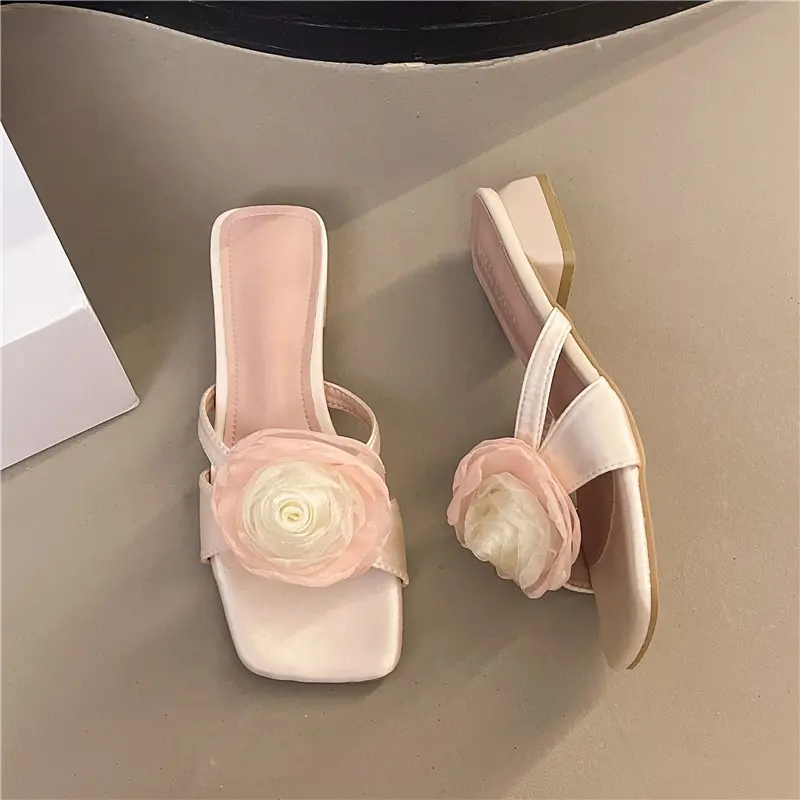 Block Heel Women's Slippers Wear New Summer Square Toe Flower Thin Strap Versatile Temperament Non-slip Sandals