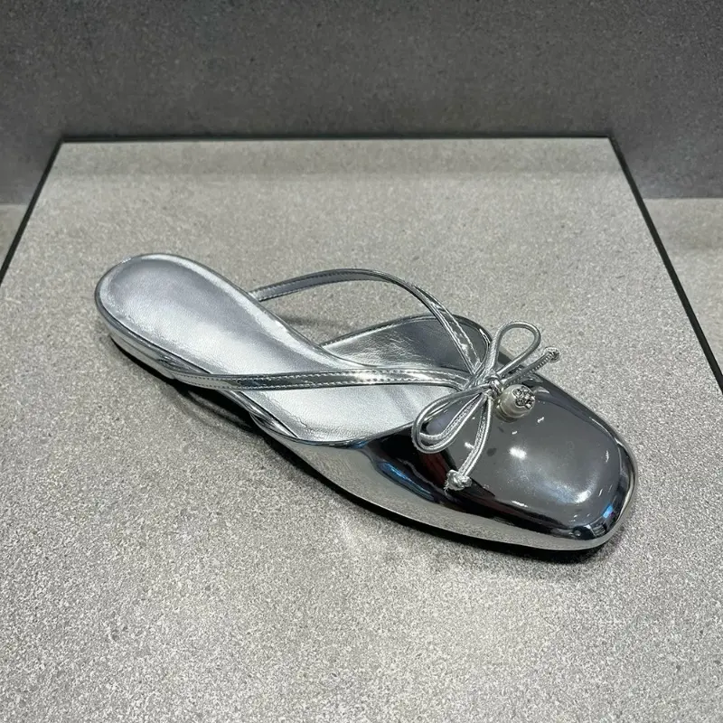 Low Heel Slippers Summer New Square Head Shallow Mouth Butterfly Knot Pearl Soft Sole Anti-slip Wear-resistant Sandals