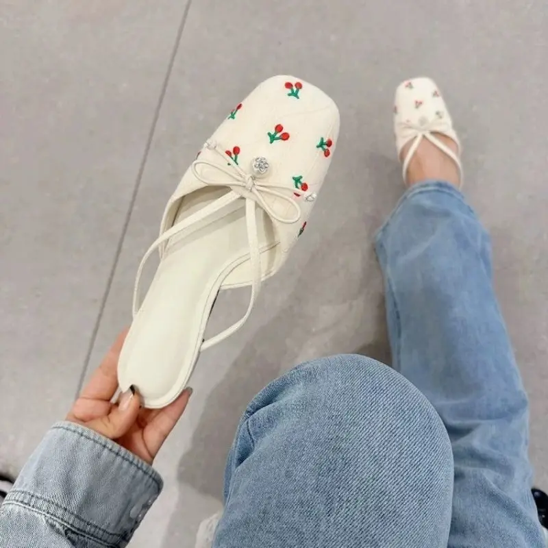 Low Heel Slippers Summer New Square Head Shallow Mouth Butterfly Knot Pearl Soft Sole Anti-slip Wear-resistant Sandals