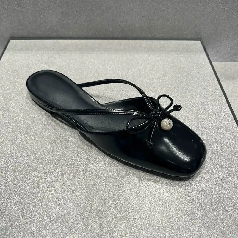 Low Heel Slippers Summer New Square Head Shallow Mouth Butterfly Knot Pearl Soft Sole Anti-slip Wear-resistant Sandals