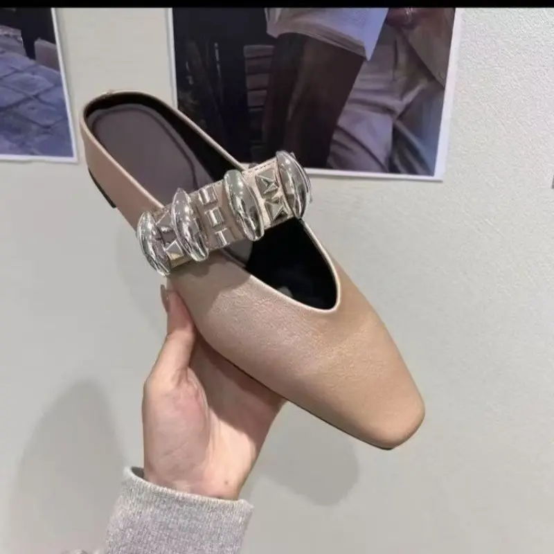 Women's Inner Height Flats Summer New Square Head Shallow Mouth Glitter Buckle Soft Sole Anti-slip Wear-resistant Slippers