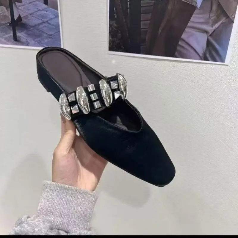 Women's Inner Height Flats Summer New Square Head Shallow Mouth Glitter Buckle Soft Sole Anti-slip Wear-resistant Slippers