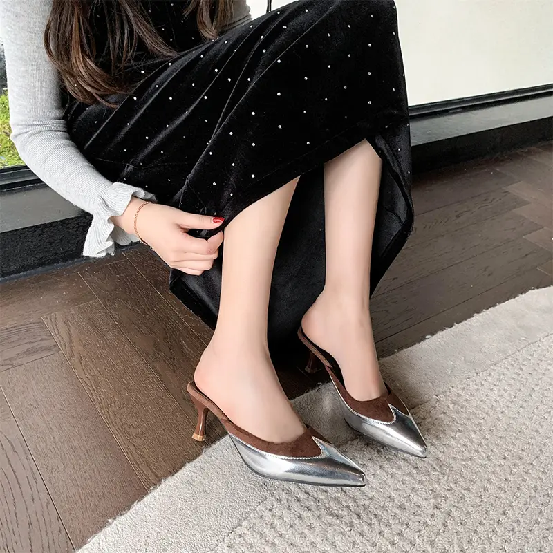 Women's Pointed Mid-heel Sandals Spring Baotou Shallow Mouth Splice Set Foot Anti-slip Wear-resistant Slippers