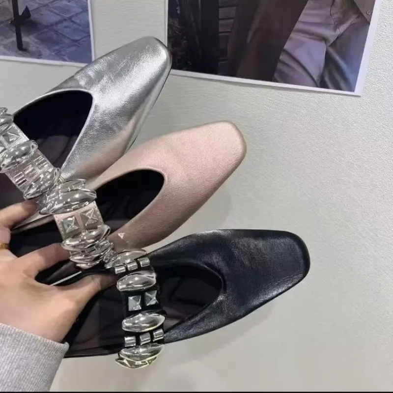 Women's Inner Height Flats Summer New Square Head Shallow Mouth Glitter Buckle Soft Sole Anti-slip Wear-resistant Slippers