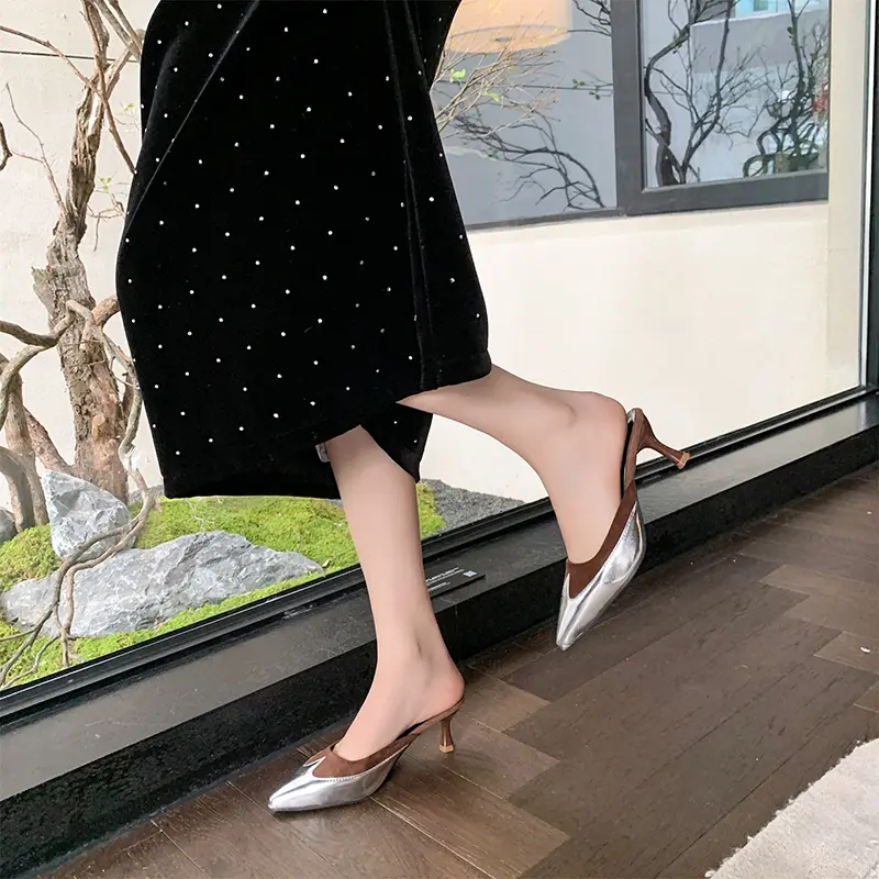 Women's Pointed Mid-heel Sandals Spring Baotou Shallow Mouth Splice Set Foot Anti-slip Wear-resistant Slippers
