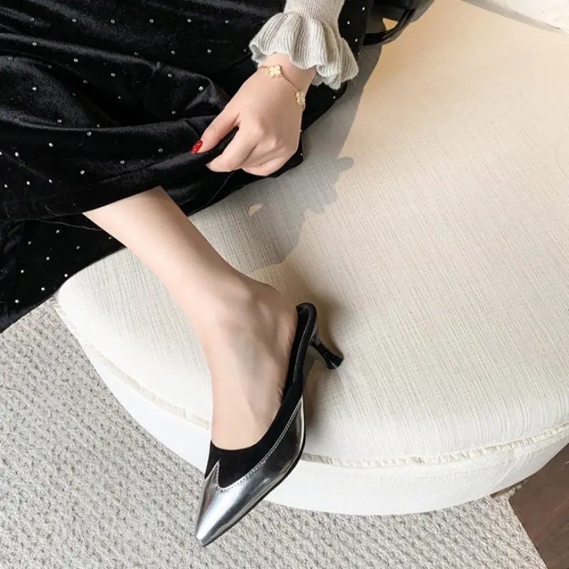 Women's Pointed Mid-heel Sandals Spring Baotou Shallow Mouth Splice Set Foot Anti-slip Wear-resistant Slippers