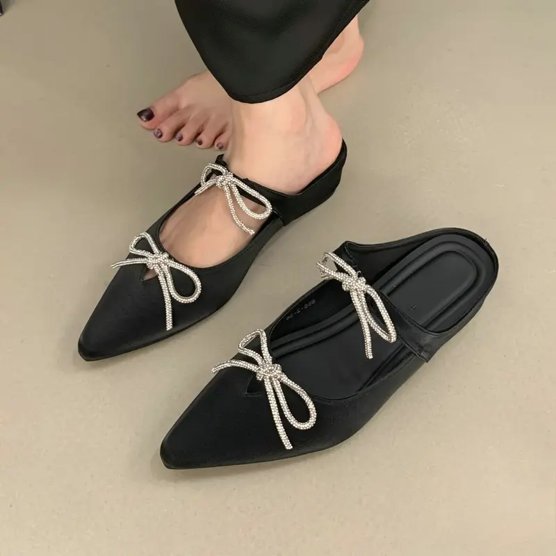 Summer New Pointed Head Shallow Mouth Butterfly Knot Anti-slip Wear-resistant Flat Shoes Low Heel Baotou Slippers