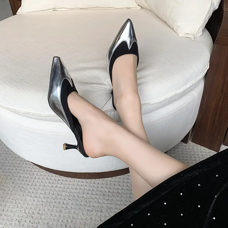 Women's Pointed Mid-heel Sandals Spring Baotou Shallow Mouth Splice Set Foot Anti-slip Wear-resistant Slippers