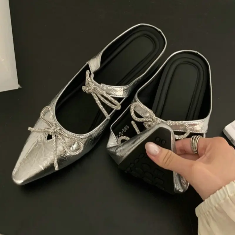 Summer New Pointed Head Shallow Mouth Butterfly Knot Anti-slip Wear-resistant Flat Shoes Low Heel Baotou Slippers