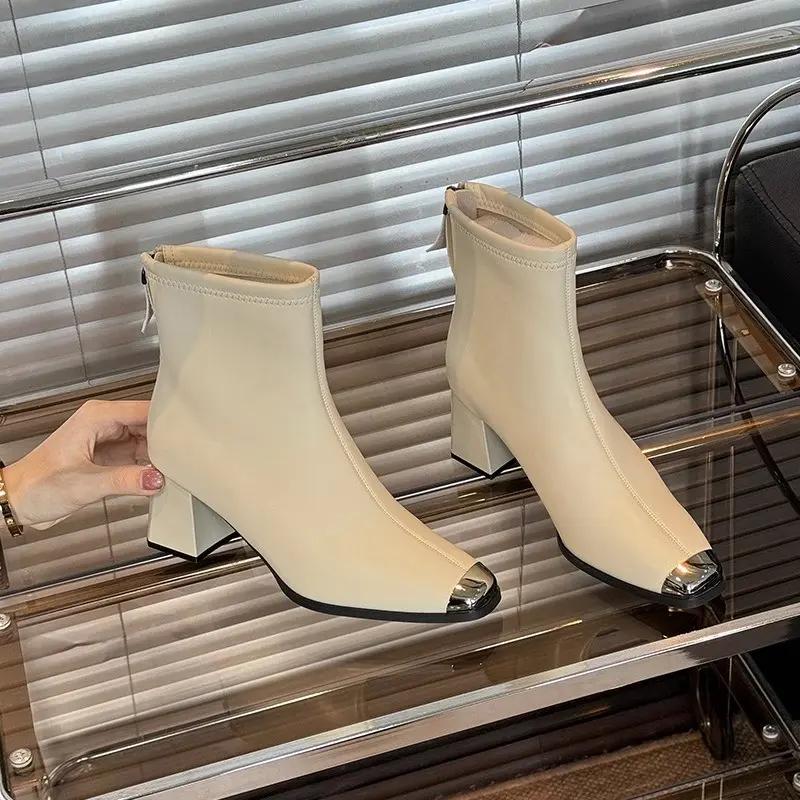 Winter New Thick Heel Shoes Women's Fashion Metal Square Head Stitching Comfortable Back Zipper Short Boots
