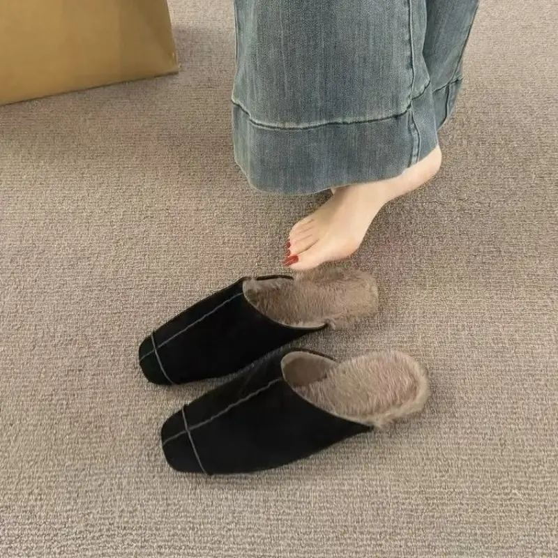 Women's Fashion Baotou Slippers Winter New Square Head Deep Mouth Splicing Suede Soft Sole Anti-slip Low Heel Shoes