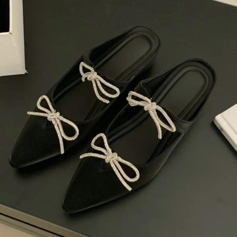 Summer New Pointed Head Shallow Mouth Butterfly Knot Anti-slip Wear-resistant Flat Shoes Low Heel Baotou Slippers