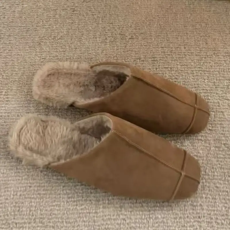 Women's Fashion Baotou Slippers Winter New Square Head Deep Mouth Splicing Suede Soft Sole Anti-slip Low Heel Shoes