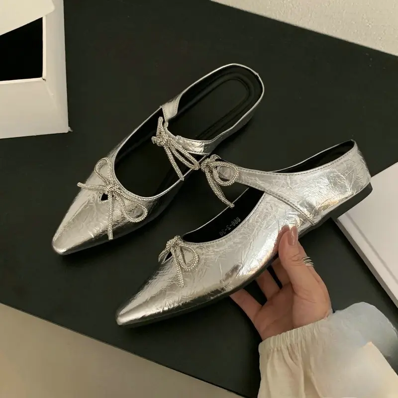 Summer New Pointed Head Shallow Mouth Butterfly Knot Anti-slip Wear-resistant Flat Shoes Low Heel Baotou Slippers