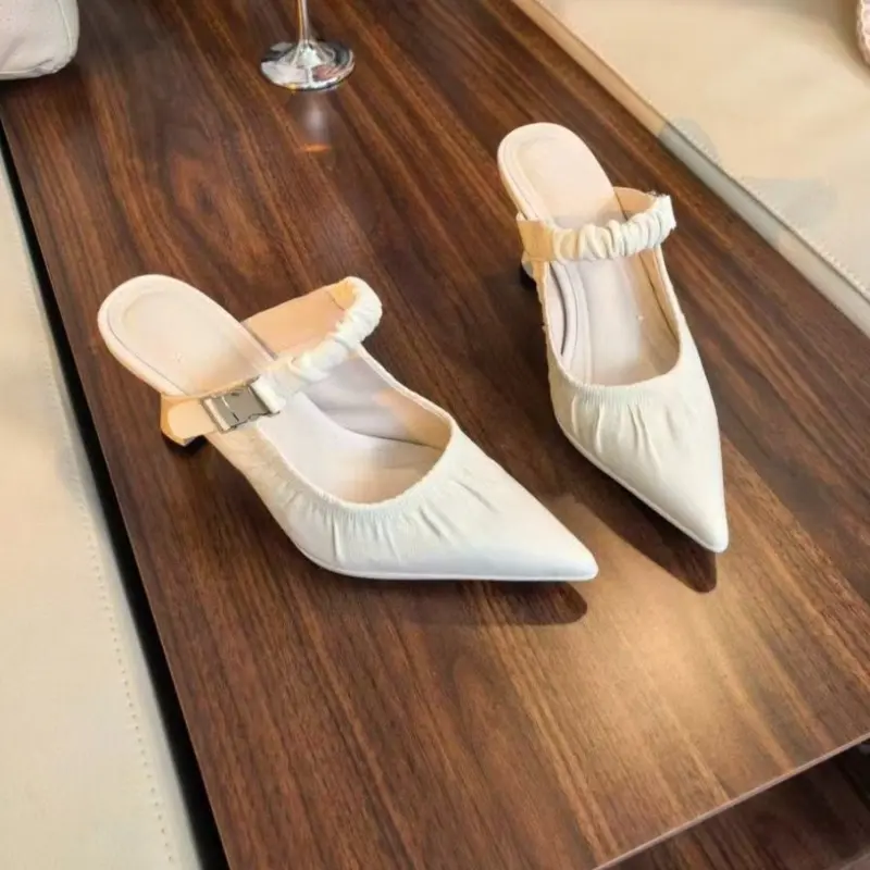Pleated Pointed Toe Cool Mopping Summer New Baotou Shallow Mouth Metal Buckle One Slip Slip Stiletto High Heels
