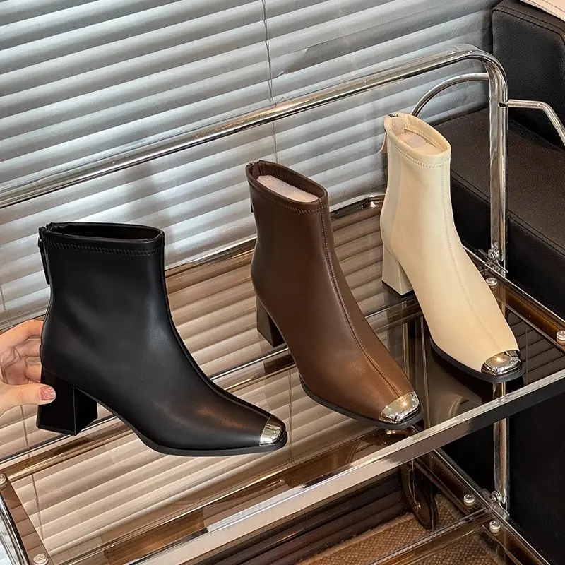 Winter New Thick Heel Shoes Women's Fashion Metal Square Head Stitching Comfortable Back Zipper Short Boots