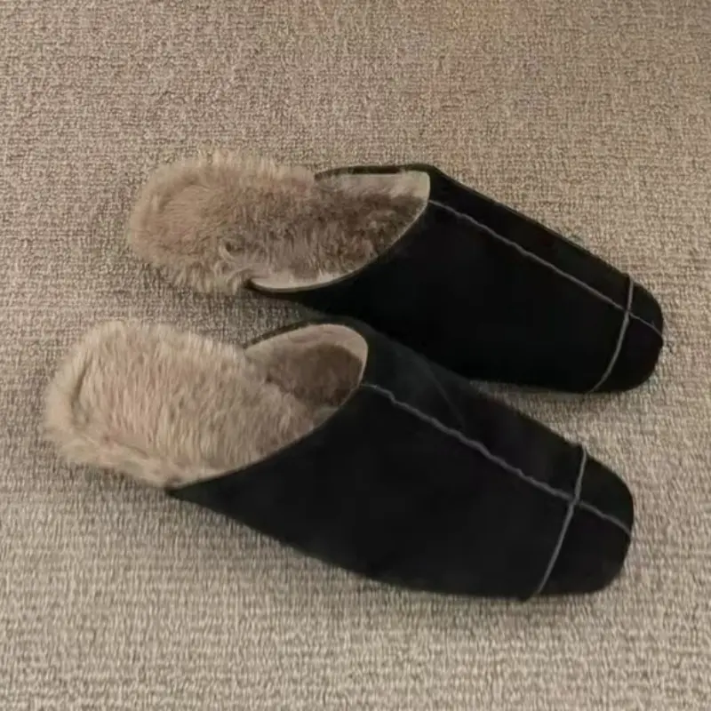 Women's Fashion Baotou Slippers Winter New Square Head Deep Mouth Splicing Suede Soft Sole Anti-slip Low Heel Shoes