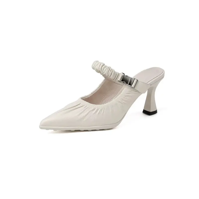 Pleated Pointed Toe Cool Mopping Summer New Baotou Shallow Mouth Metal Buckle One Slip Slip Stiletto High Heels