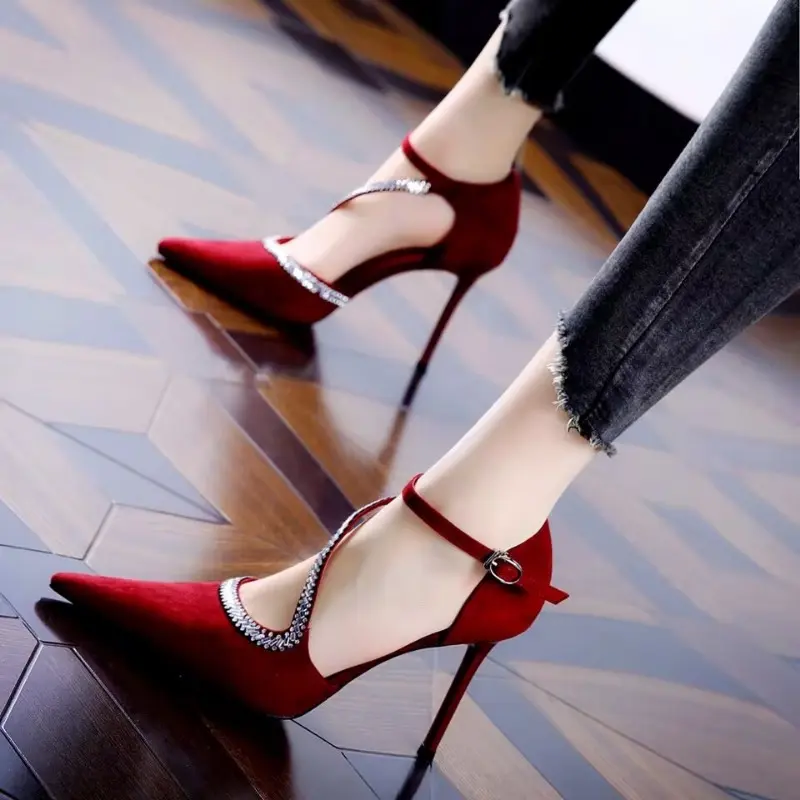 9cm sexy rhinestone suede single button S with pointed toe banquet high heels for women 2025 new slim and hollow single shoes