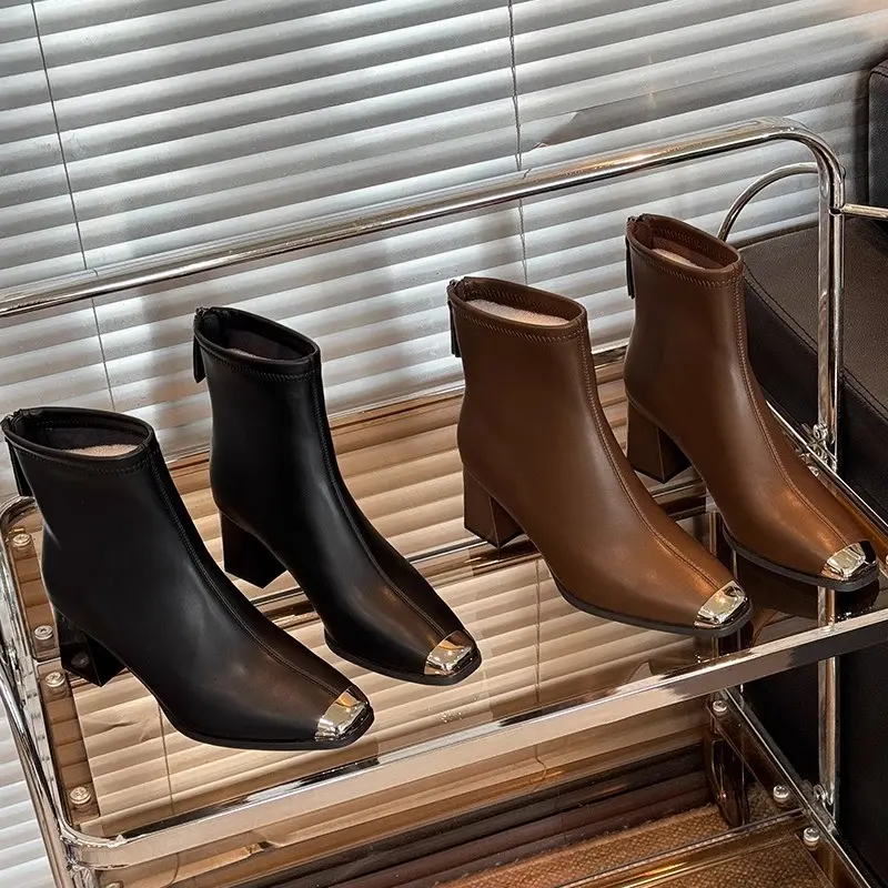 Winter New Thick Heel Shoes Women's Fashion Metal Square Head Stitching Comfortable Back Zipper Short Boots