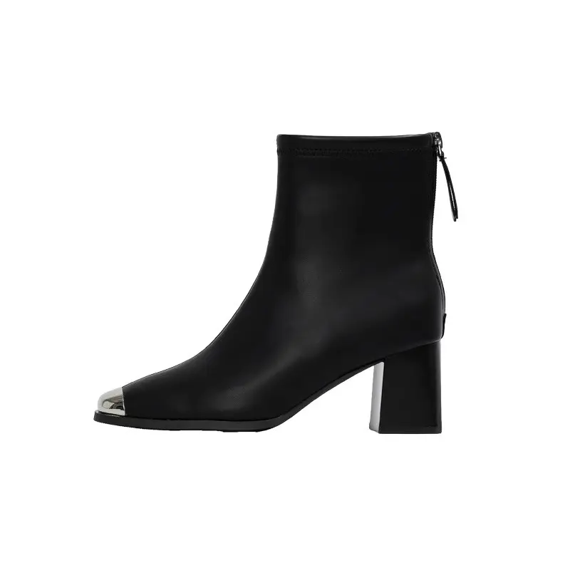 Winter New Thick Heel Shoes Women's Fashion Metal Square Head Stitching Comfortable Back Zipper Short Boots