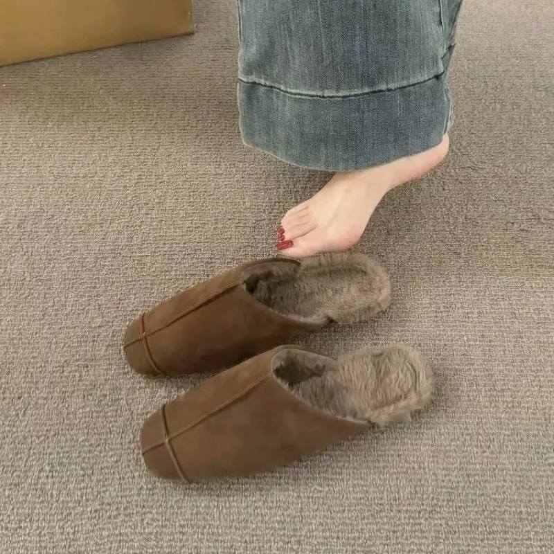 Women's Fashion Baotou Slippers Winter New Square Head Deep Mouth Splicing Suede Soft Sole Anti-slip Low Heel Shoes