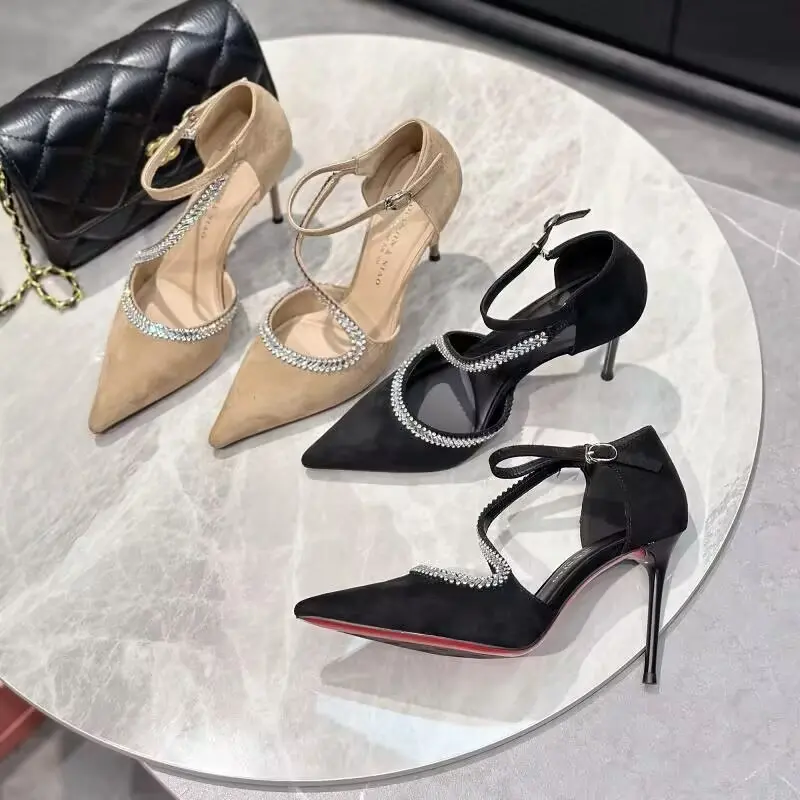 9cm sexy rhinestone suede single button S with pointed toe banquet high heels for women 2025 new slim and hollow single shoes