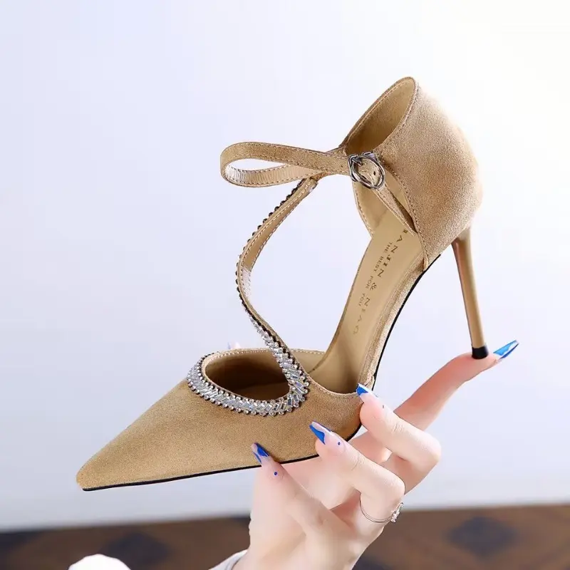 9cm sexy rhinestone suede single button S with pointed toe banquet high heels for women 2025 new slim and hollow single shoes