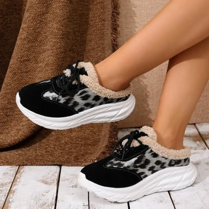 Women's Baotou Slippers Winter New Round Head Leopard Print Splicing Front Strap Thick Sole Non-slip Cotton Boots