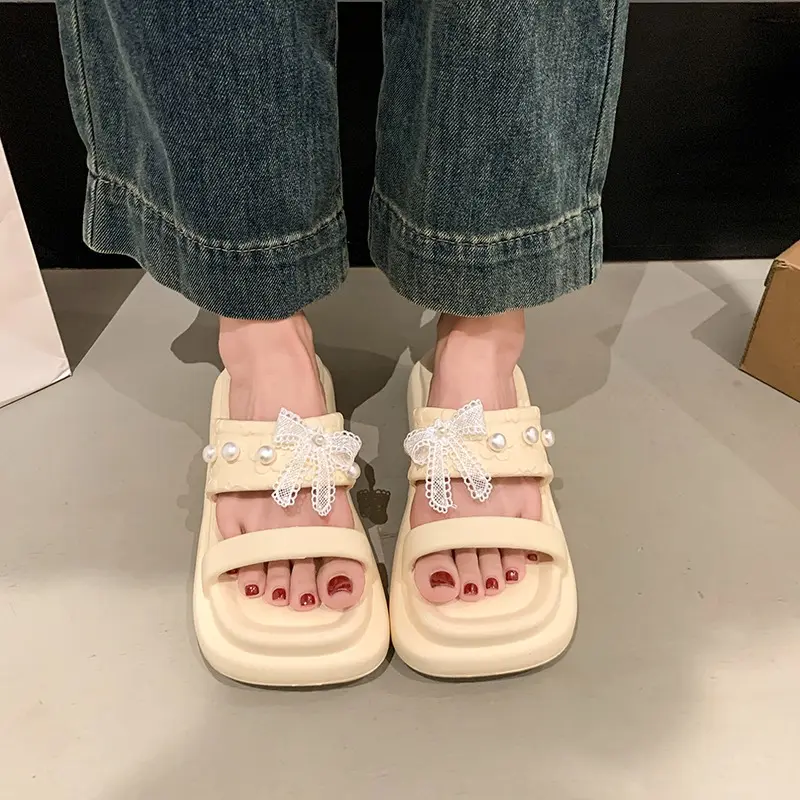 Summer New Open Toe Lace Butterfly Knot Pearl Anti-slip Wear-resistant Flat Slippers Casual Square Toe Sandals