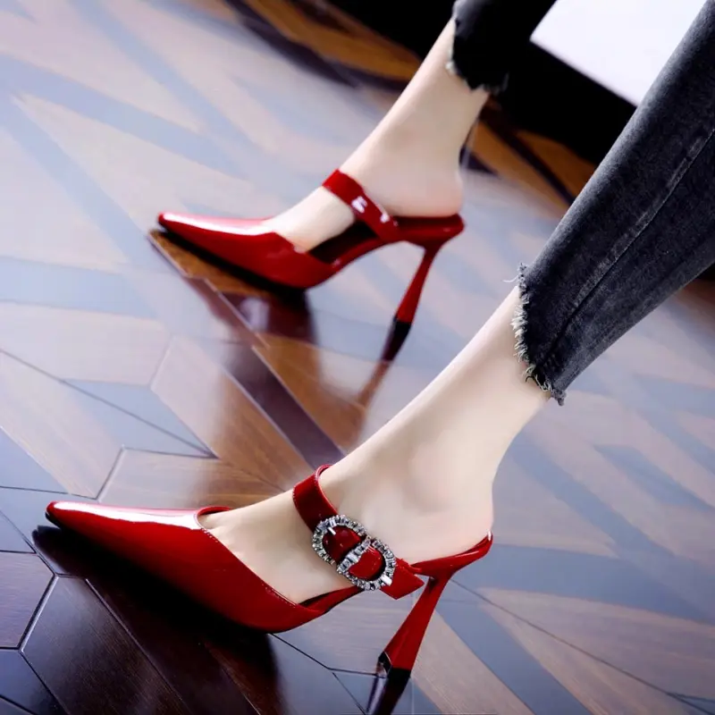 High Heel Baotou Sandals Women's Summer Patent Leather Pointed Toe Shallow Slip Rhinestone Buckle Stiletto Half Slippers