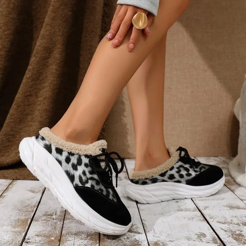 Women's Baotou Slippers Winter New Round Head Leopard Print Splicing Front Strap Thick Sole Non-slip Cotton Boots